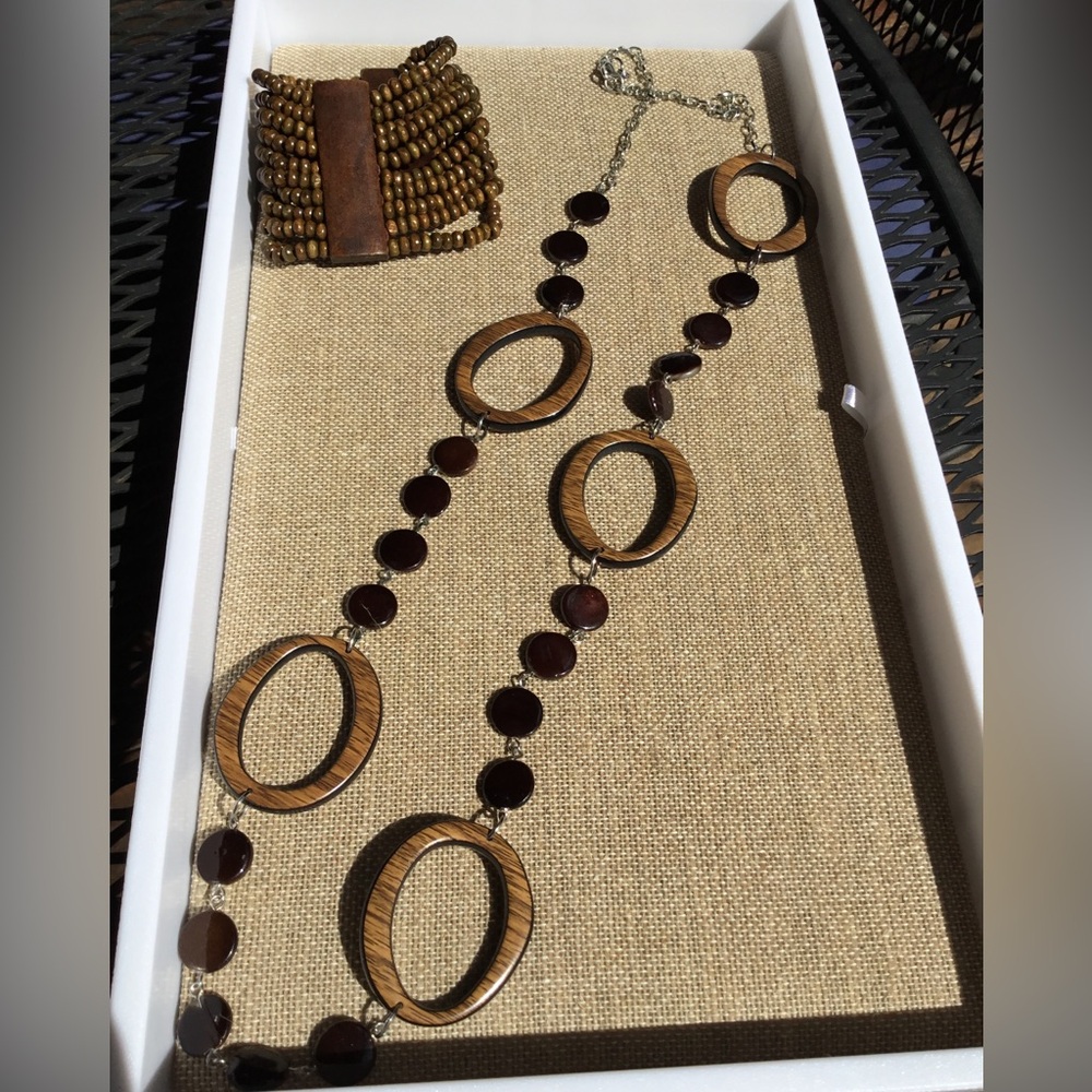 Wood and Bone Style Long Necklace and Wood Bead Stretch Bracelet